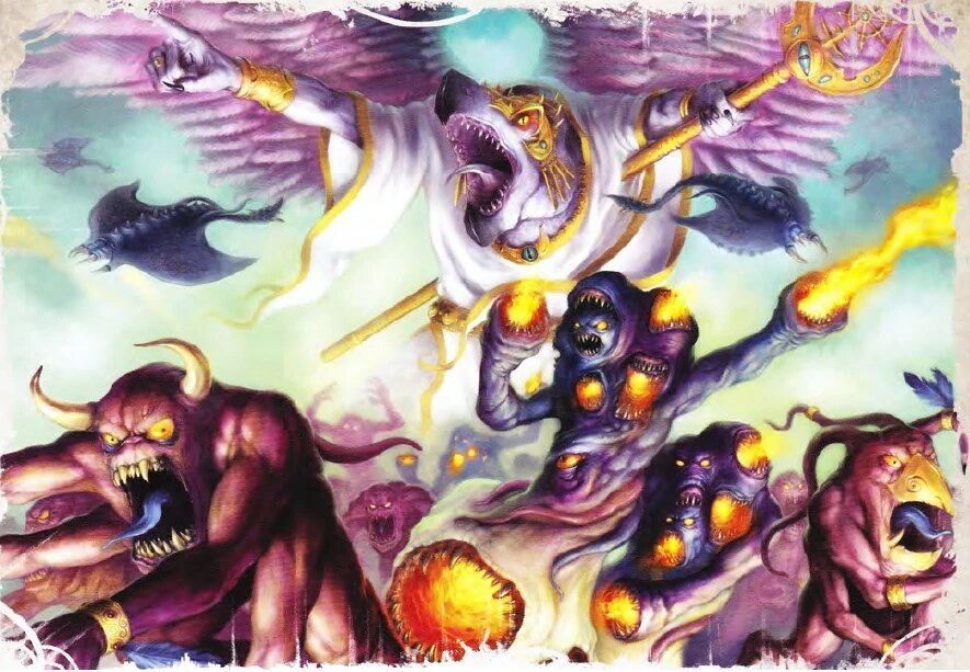 Classic Tzeentch daemon artwork showing a white-robed Lord of Change with Pink Horrors, Flamers and Screamers around it