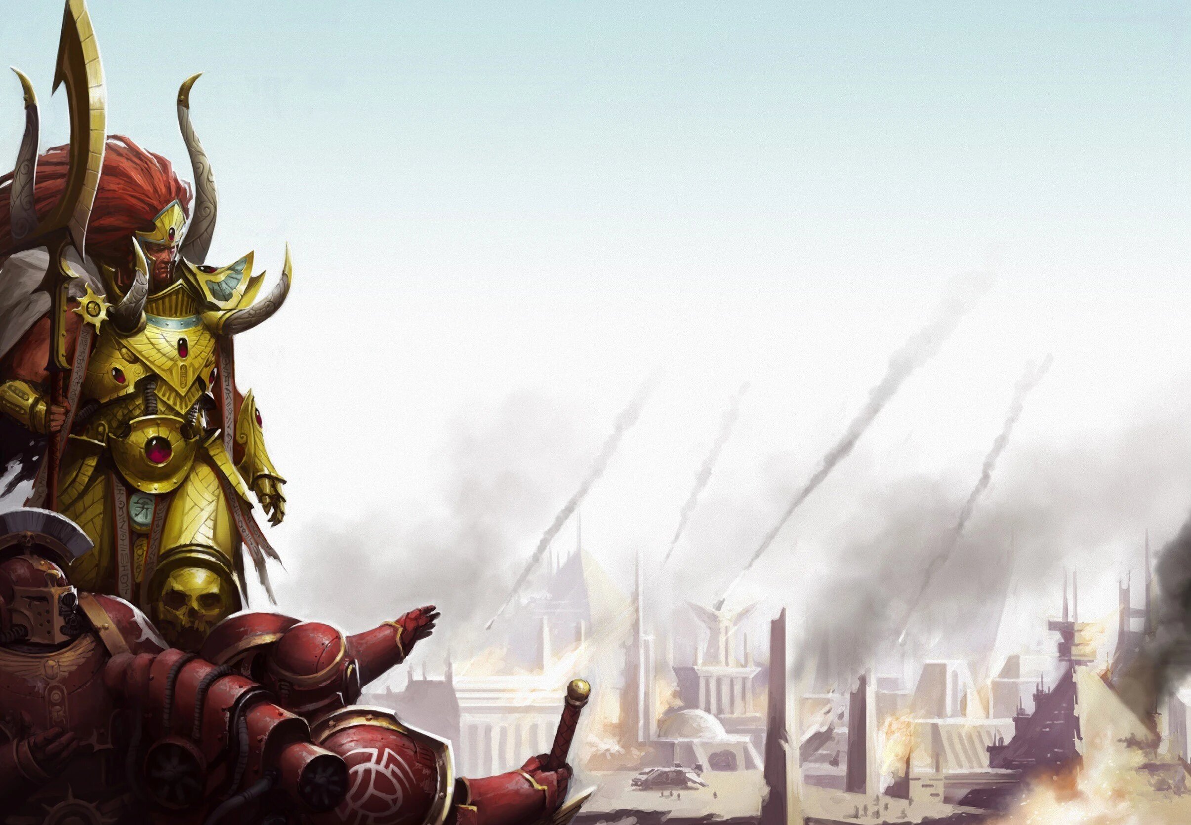 Magnus the Red in gold armour standing over a fallen red-armoured Thousand Sons legionary, with the city of Tizca burning in the background