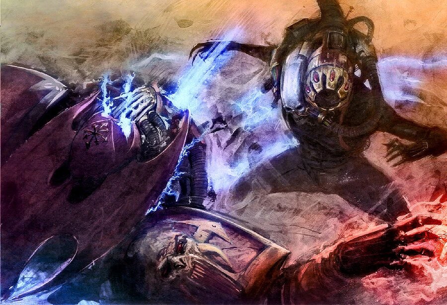 A Culexus Assassin, animus speculum helm and psychic energy, closing on a Space Marine