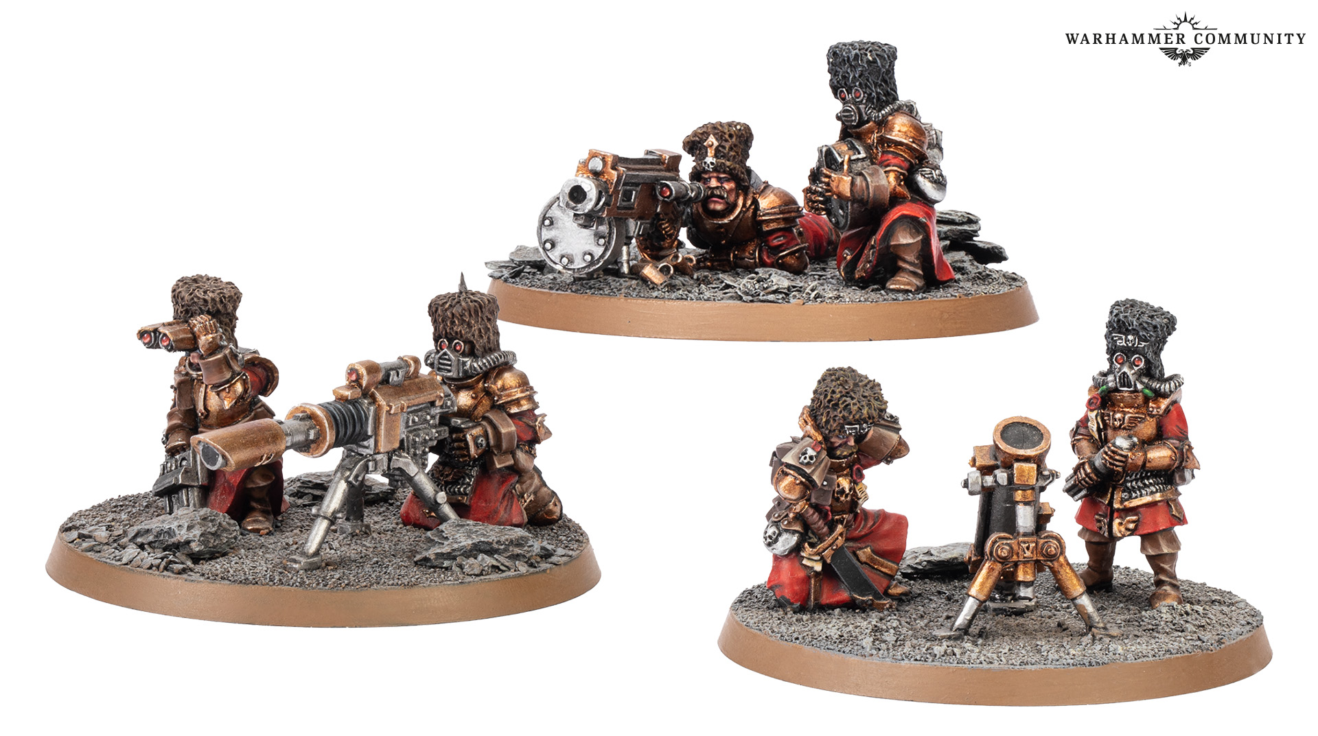 Vostroyan heavy weapons teams showing ornate engraving on heavy bolter, lascannon, and mortar