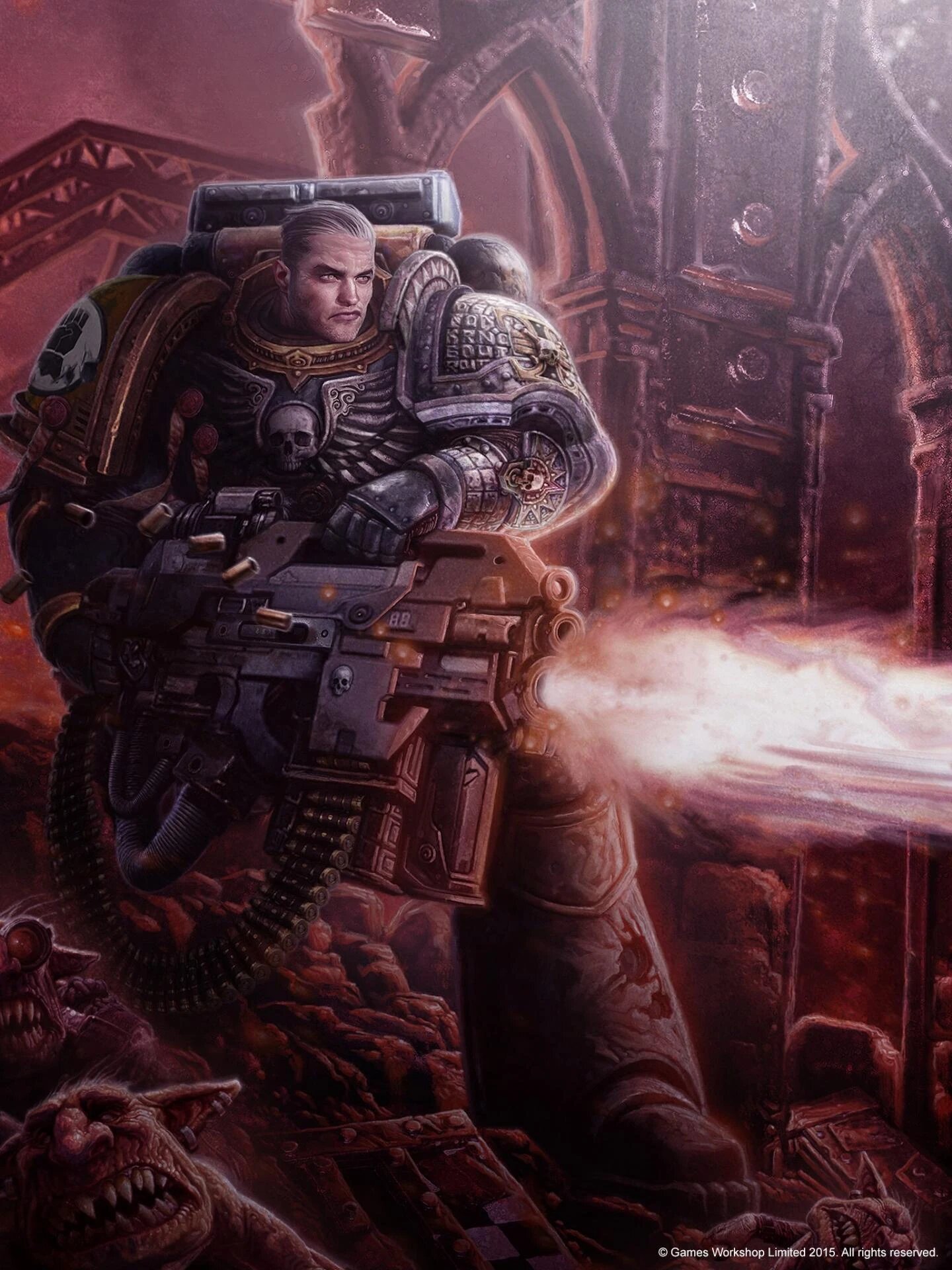 Cover art from Watchers in Death, showing a Deathwatch Space Marine firing a heavy weapon amid ruins with Orks in the foreground