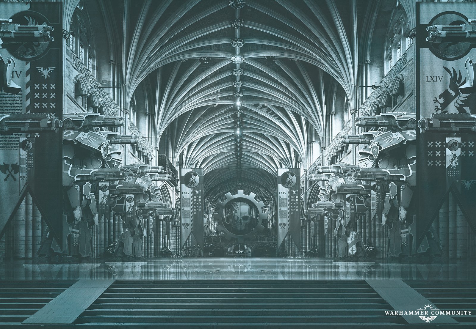 Titans docked in a vast cathedral-like maintenance hall