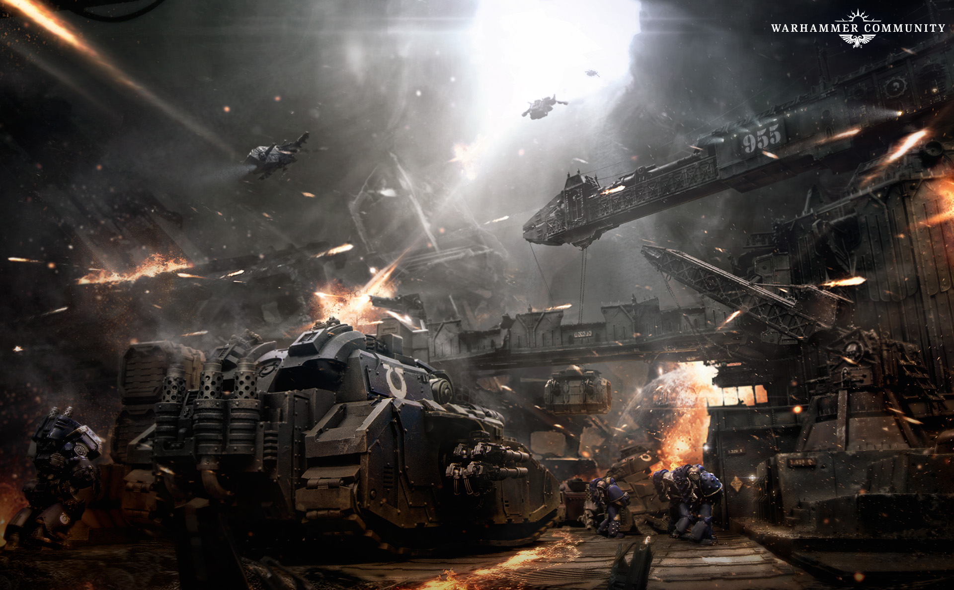 Ultramarines pinned down under fire amid a burning Calth dockyard