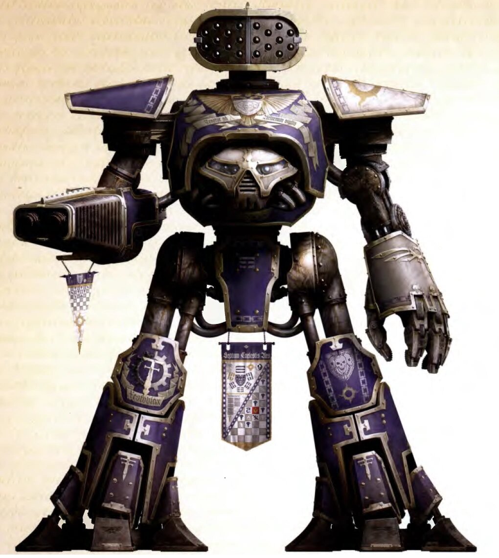 A Legio Xestobiax Reaver Titan in purple and bone livery